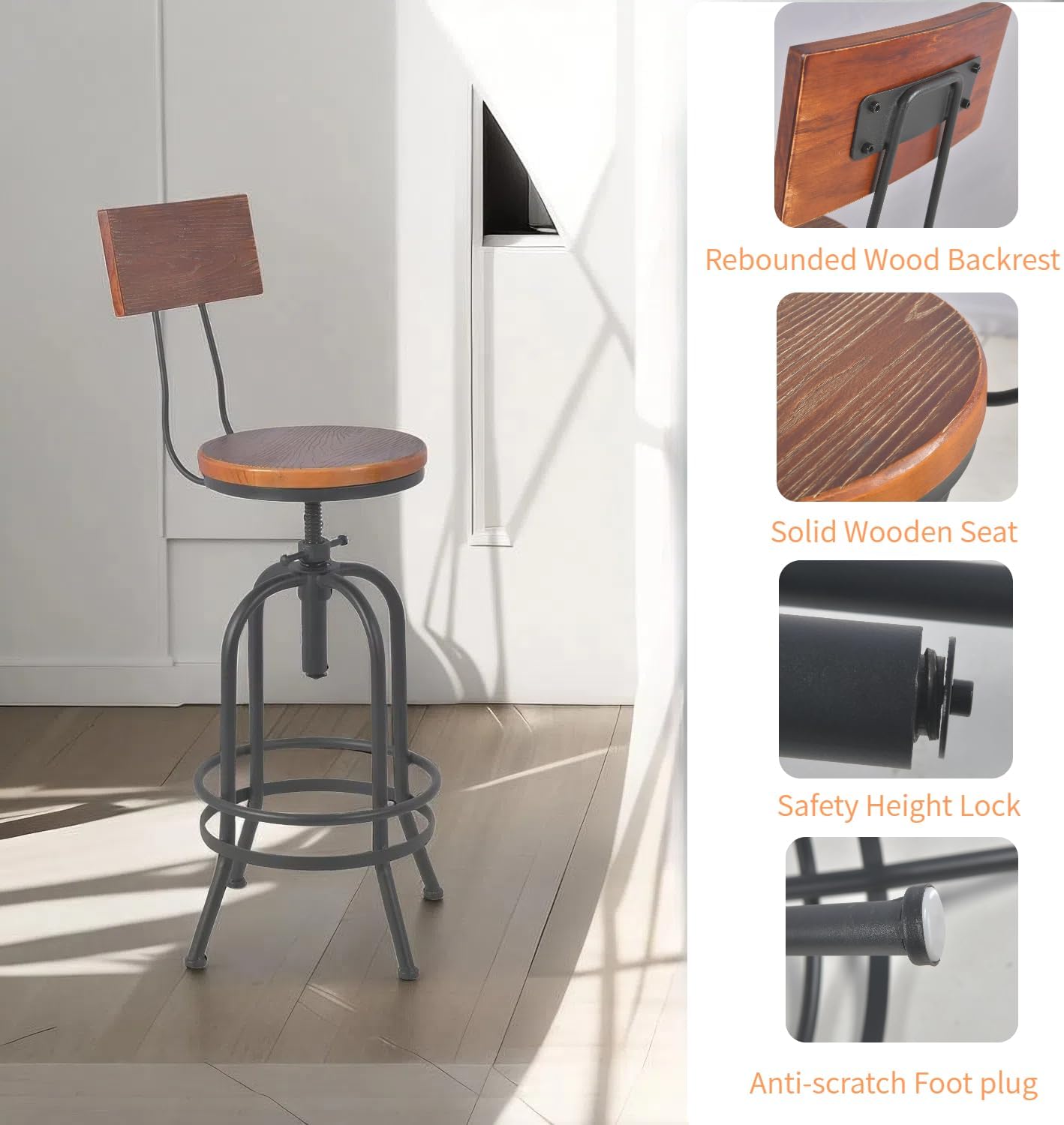 Set of 2-Industrial Bar Stools with Backrest-Swivel Wood Seat-Bar Counter Height Adjustable 26-32.2inch-Kitchen Island Dining Chair