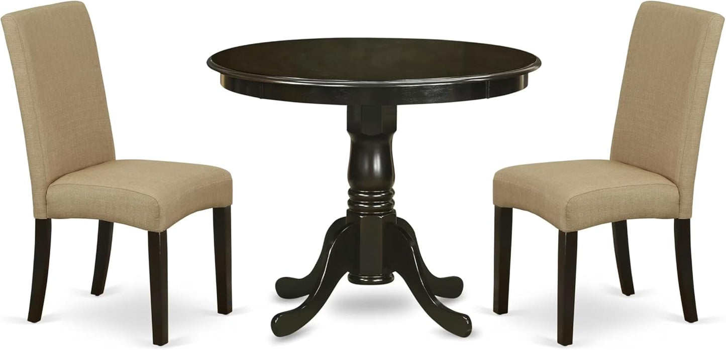East West Furniture ANDR3-CAP-03 3 Piece Dining Room Table Set Contains a Round Kitchen Table with Pedestal and 2 Brown Linen Fabric Parsons Dining Chairs, 36x36 Inch, Cappuccino