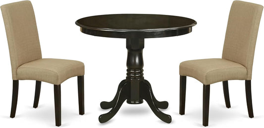 East West Furniture ANDR3-CAP-03 3 Piece Dining Room Table Set Contains a Round Kitchen Table with Pedestal and 2 Brown Linen Fabric Parsons Dining Chairs, 36x36 Inch, Cappuccino