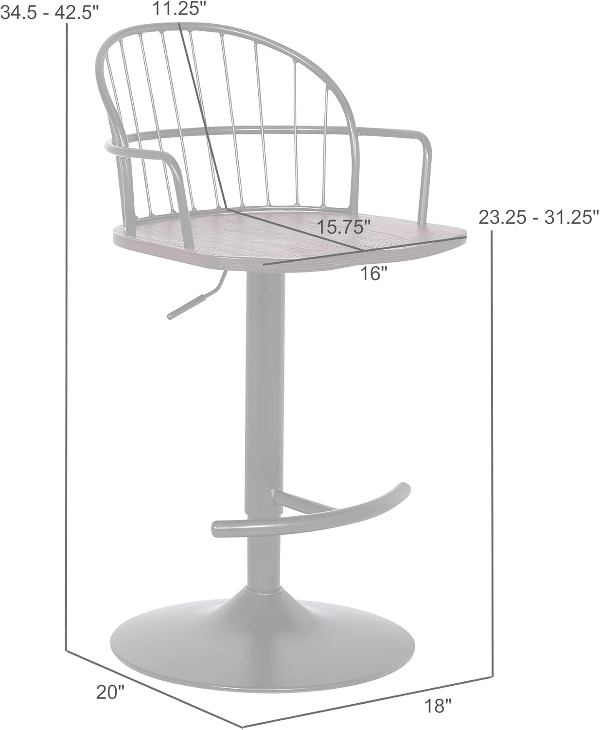 Armen Living Edward Adjustable Walnut Glazed Barstool in Black Powder Coated Finish