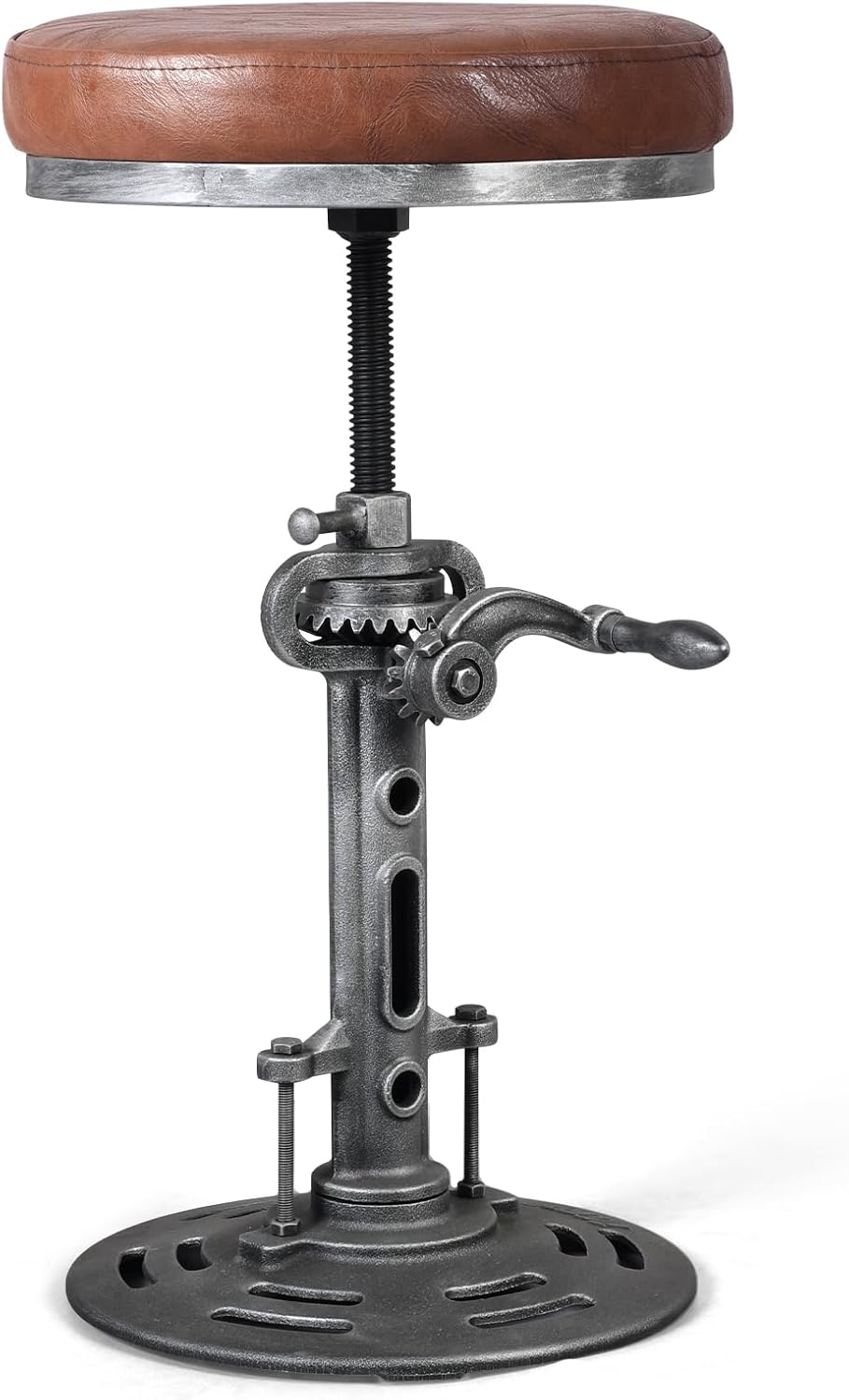 LOKKHAN American Antique Steampunk Deco Vintage Industrial Bar Cafe Stool, Retro Stylish Cast Iron Base Swivel Round Leather Top, Easily Adjusts by Crank Handle