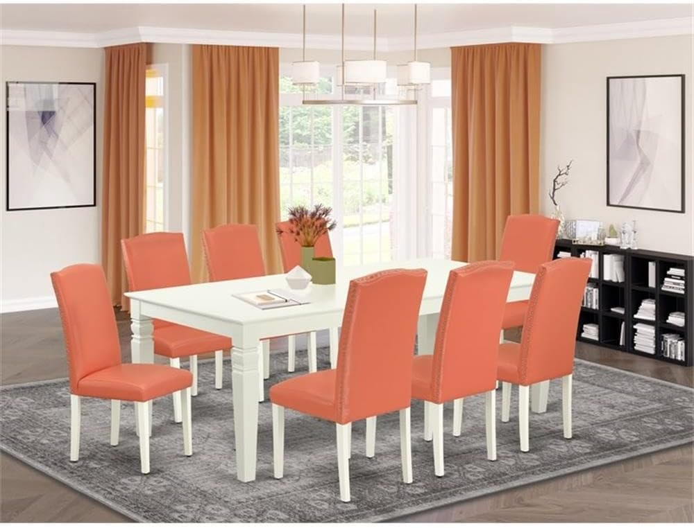 East West Furniture LGEN9-LWH-78 9 Piece Kitchen Table Set Includes a Rectangle Dining Table with Butterfly Leaf and 8 Pink Flamingo Faux Leather Parson Chairs, 42x84 Inch, Linen White