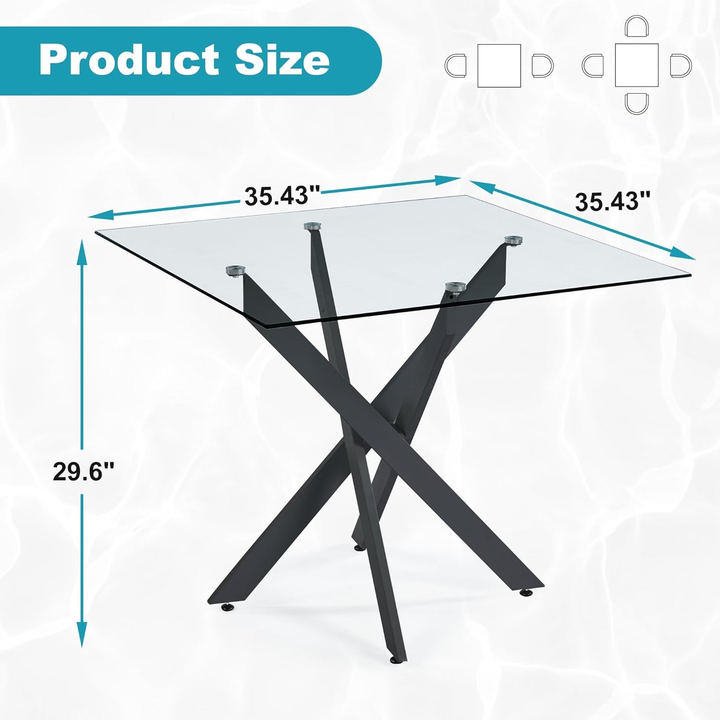 Dining Table for 4 Modern 35.43" Rectangular Glass Dining Table Kitchen & Dining Room Tables with Metal Base for Dining Room and Apartment, Black