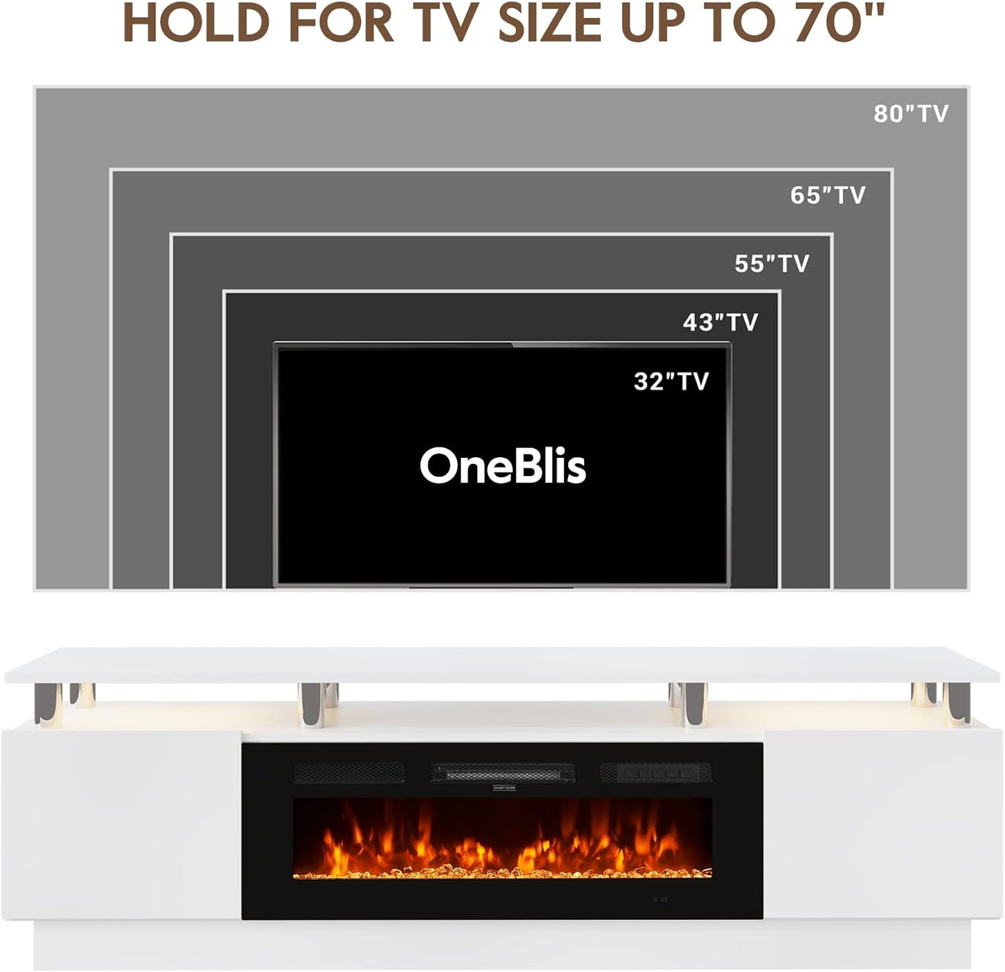70" TV Stand & Entertainment Center, Media Console with Storage Shelves, Fits TVs up to 80", Modern Living Room Furniture, 36" Electric Fireplace (White+Black)