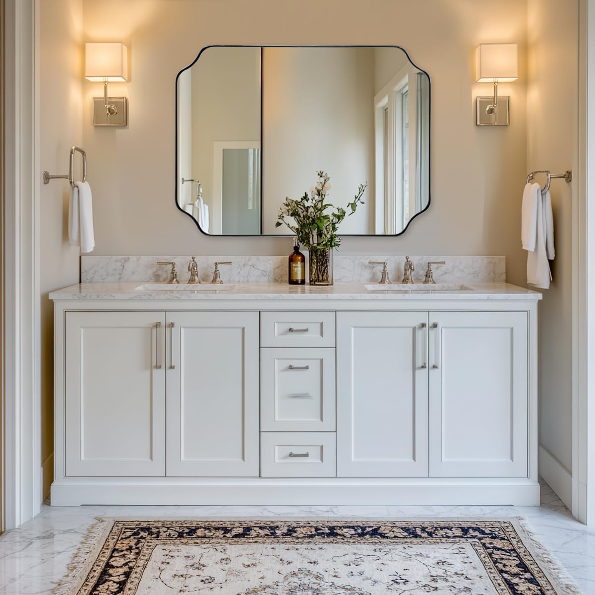 ANDY STAR Chrome Bathroom Mirror, 30x40 Inch Polished Chrome Rectangle Mirror, Scalloped Mirror for Bathroom, Anti-Rust Stainless Steel Metal Frame 1’’, Unique Shape Ideal for Home Remodel