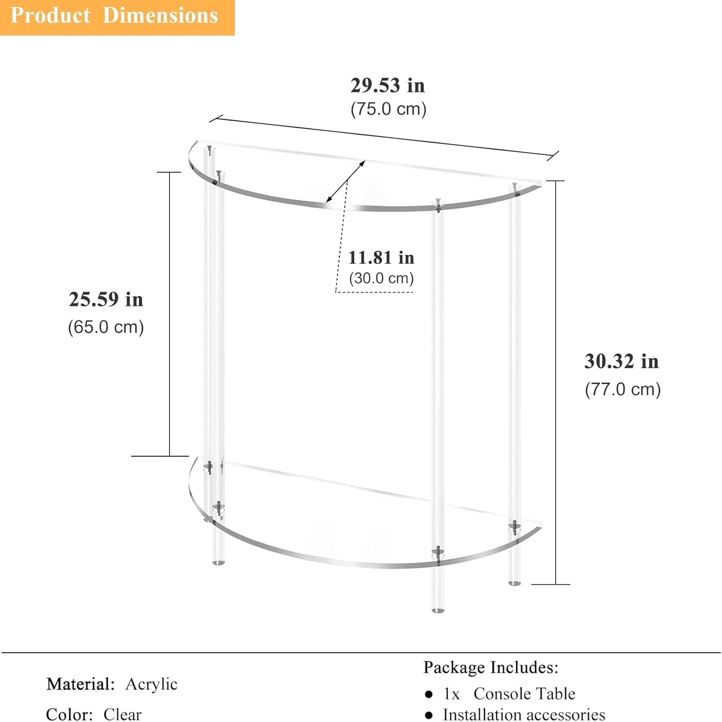 Acrylic Console Table, 2-Tier Half Moon Sofa Couch Table with Storage Shelf, 29.53" Narrow Entryway Table for Bedroom, Living Room, Foyer, Hallway (Clear)