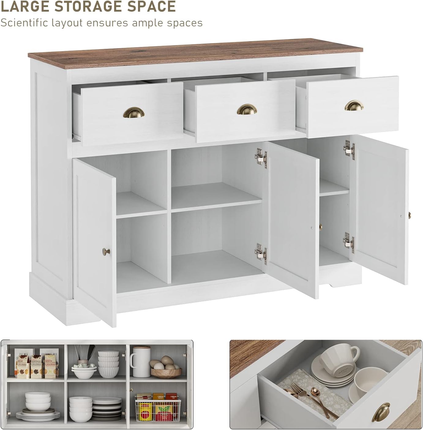 Keyluv Buffet Cabinet Storage Kitchen Sideboard Farmhouse Buffet Server Bar Wine Cabinet with 3 Drawers & 3 Doors Adjustable Shelves Console Table for Dining Living Room Cupboard, Antique White