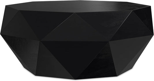 SIMPLIHOME Zayn Coffee Table - 35 inch Wide Solid Acacia Wood Geometric Drum Cocktail Table in Black, Modern Living Room Table with Octogon-Shaped Tabletop and Faceted Design, Assembled
