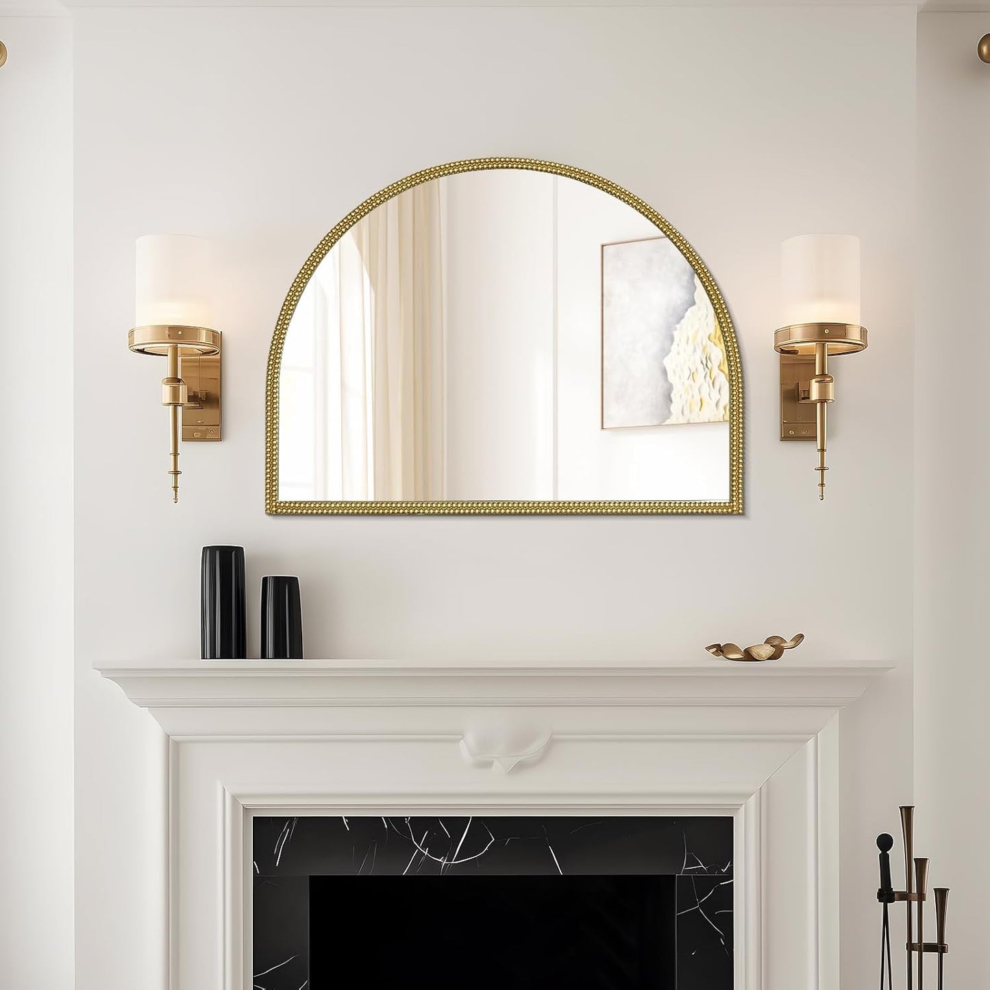 WallBeyond Gold Vintage Mirror for Vanity 32x24 Inch, Gold Antique Mirror with Ornate Beaded Frame for Bathroom, Living Room, Fireplace, Entryway