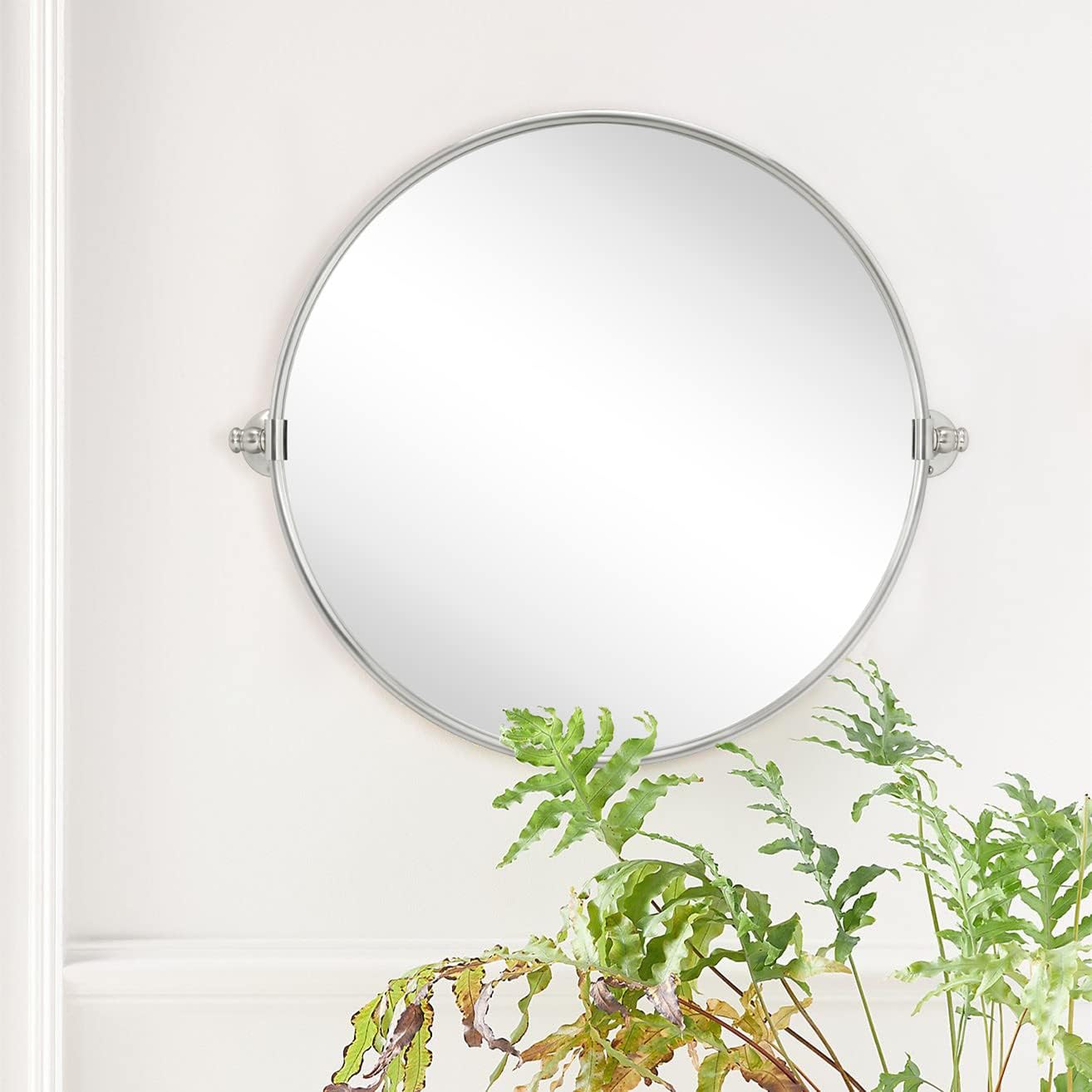 TEHOME Round Pivot Bathroom Mirror Brushed Nickel Circle Metal Framed Tilting Vanity Mirrors for Wall