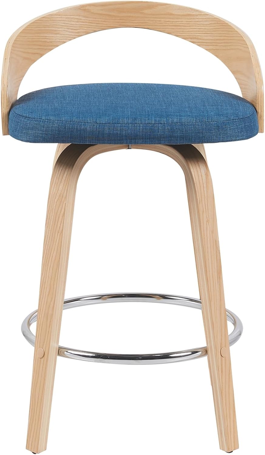 Armen Living Sonia Modern Swivel Counter Height Bar Stool with Blue Upholstered Seat and Patterned Oak Wood Finish