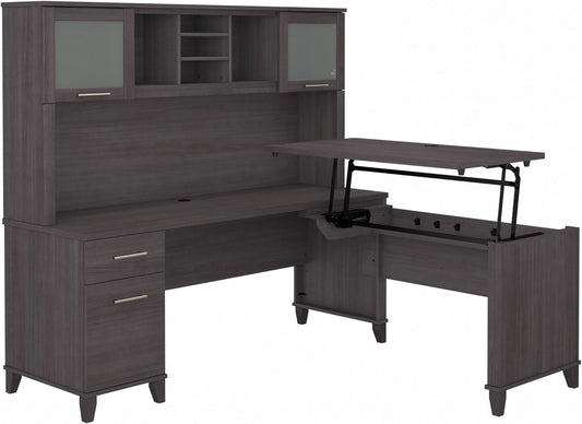 Bush Furniture Somerset 3 Position Sit to Stand L Shaped Desk with Hutch in Storm Gray | Ergonomic Height Adjustable Standing Computer/Laptop Table for Home Office