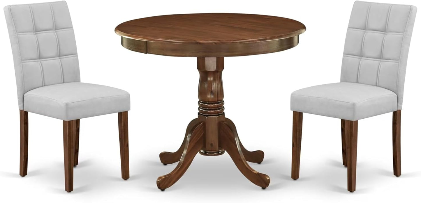 East West Furniture ANAS3-AWA-27 3 Piece Modern Dining Set consists A Dinning Table and 2 Light Gray Polyester Fabric Dinner Chairs, Antique Walnut