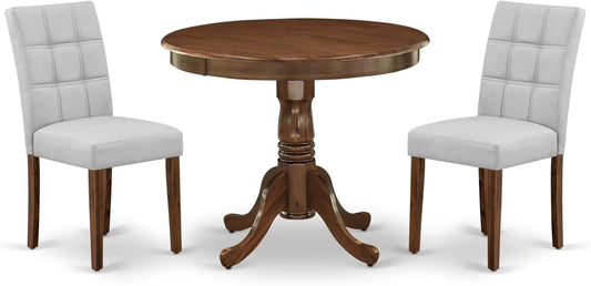 East West Furniture ANAS3-AWA-27 3 Piece Modern Dining Set consists A Dinning Table and 2 Light Gray Polyester Fabric Dinner Chairs, Antique Walnut