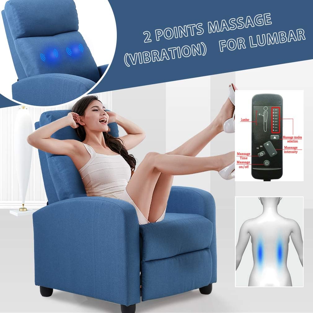 BestMassage | Recliner Chair | with 2 Point Massage Function | Textile Blue | with Lumbar Support, Adjustable Push Back, Footrest & Padded Seat | Easy Assembly | for Living Room, Home Theatre