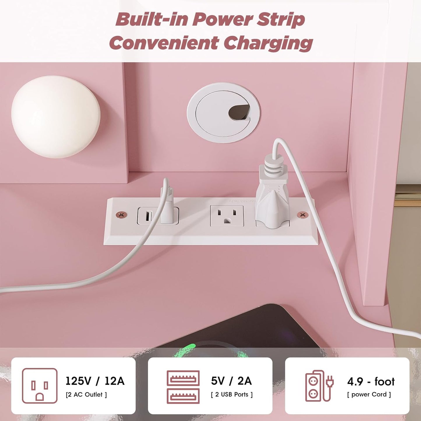 Vabches Vanity Desk with Lights,Makeup Vanity with Power Strip,Dressing Table Set with 2 Large Drawers,Vanity Mirror 3 Lighting Color Adjustable,Pink