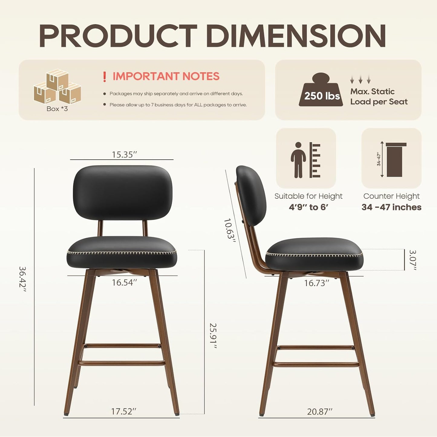 Swivel Bar Stools Set of 6, Mid Century PU Leather Counter Height Bar Chairs with Low Back and Metal Legs, Modern Bar Stool Chair for Kitchen Island, Black