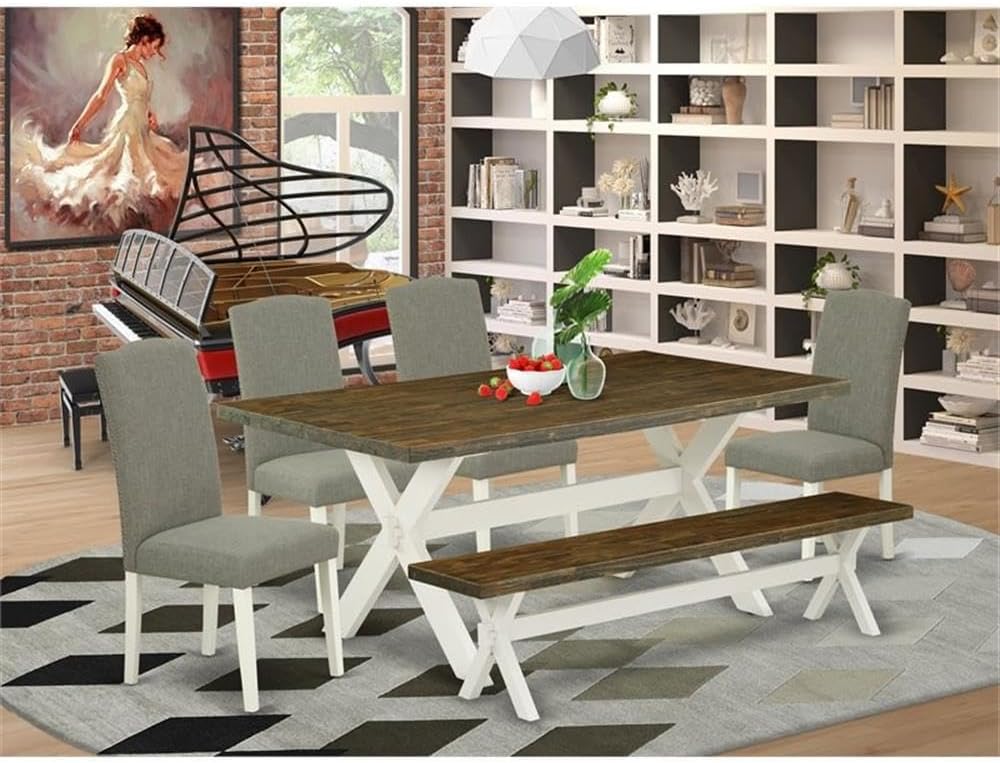 East West Furniture X077EN206-6 6 Piece Dining Table Set Contains a Rectangle Kitchen Table with X-Legs and 4 Dark Shitake Linen Fabric Parson Chairs with a Bench, 40x72 Inch, Multi-Color