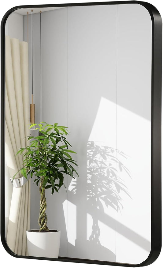 48x30 Inch Black Wall Mirror for Bathroom, Brushed Metal Framed Mirror with Rounded Corner, Rectangle Bathroom Vanity Mirror for Bedroom or Living Room, Horizontal/Vertical