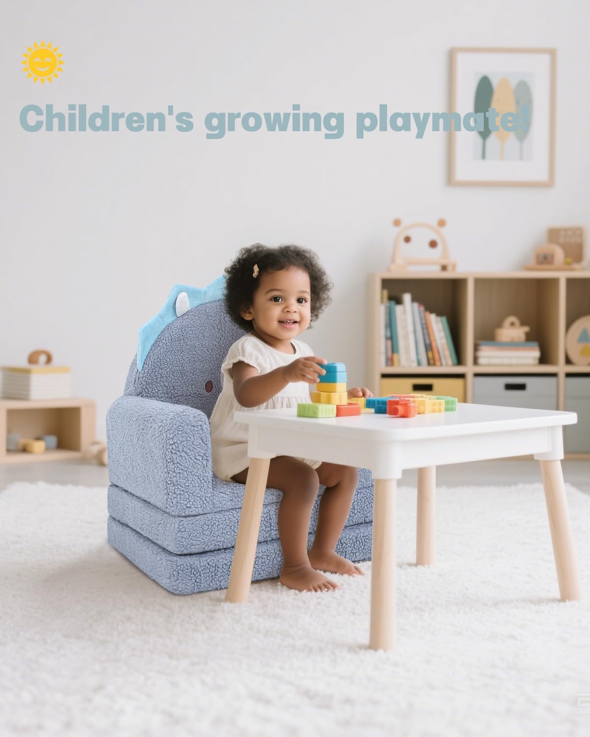 MOONBEEKI 2-in-1 Foldable Toddler Couch, Soft Sherpa Fabric with Washable Cover, Convertible Sofa to Lounger, Kids Sofa for Playroom, Bedroom, Living Room, Birthday Gift, Ages 1-3, Blue Triceratops