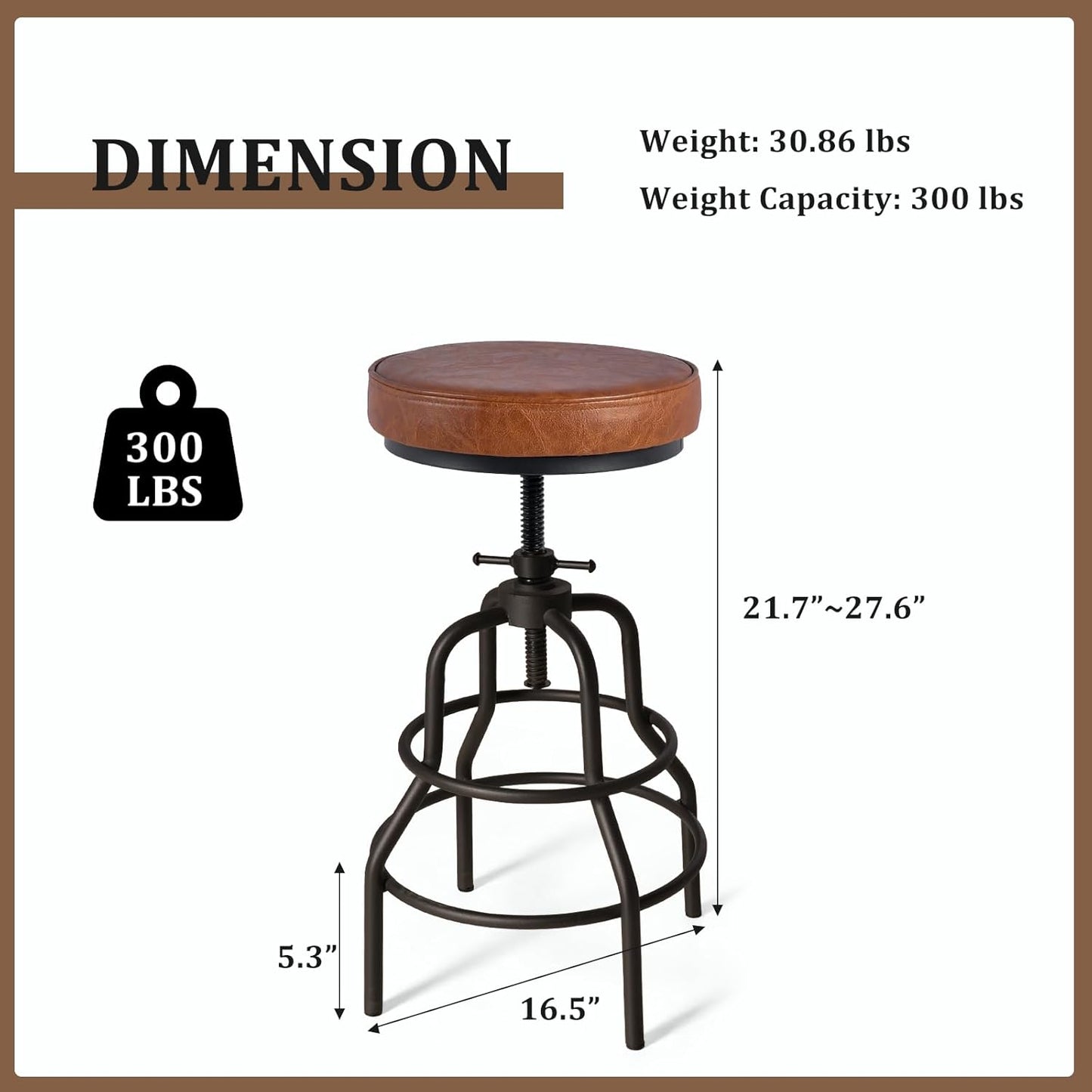 LOKKHAN Industrial Bar Stools-Swivel Leather Metal Bar Stool-20-27 Inch Tall Counter Height-Adjustable Kitchen Stool Dining Chair Cafe Stools (Set of 2)