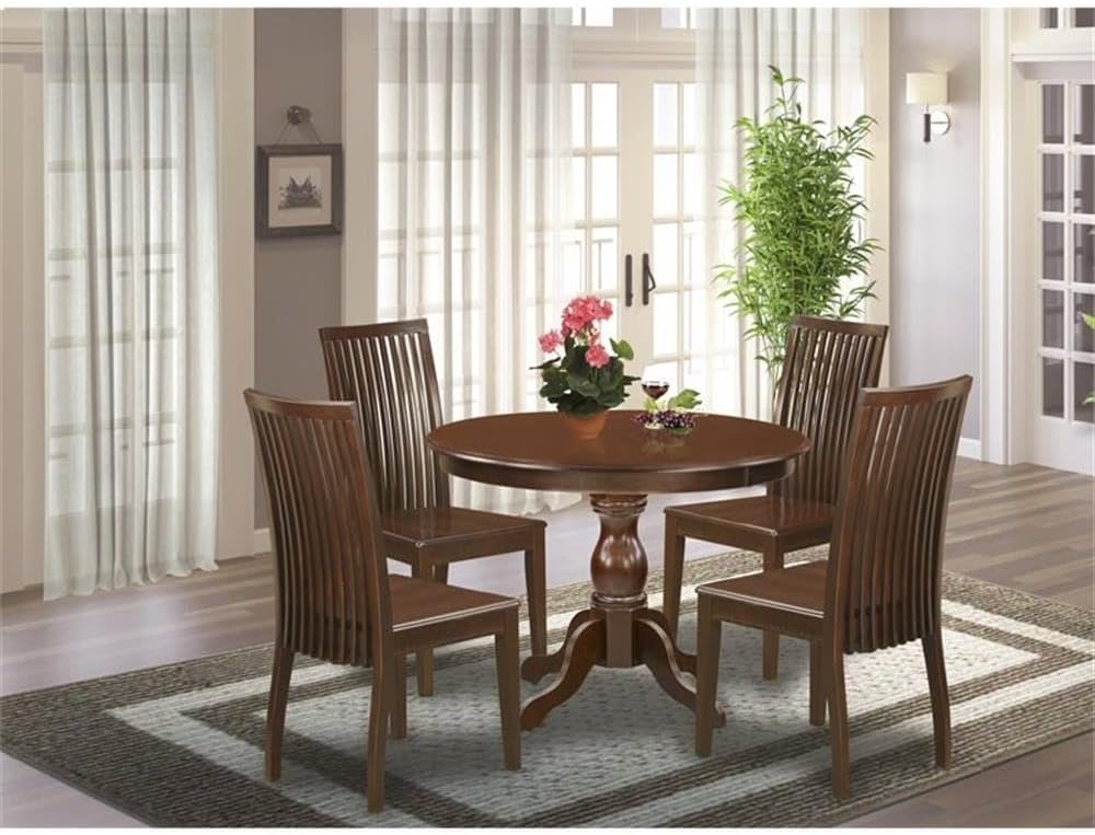 East West Furniture HBIP5-MAH-W 5 Piece Kitchen Table & Chairs Set Includes a Round Dining Room Table with Pedestal and 4 Solid Wood Seat Chairs, 42x42 Inch, Mahogany