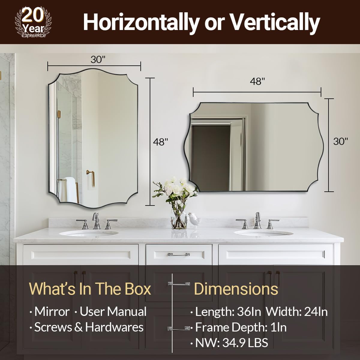 ANDY STAR 30x48 Inch Large Chrome Mirror, Polished Chrome Bathroom Mirror, Modern Rectangle Mirror with Wavy Design Ideal for Home Decor, Rust-Proof Stainless Steel Metal Frame