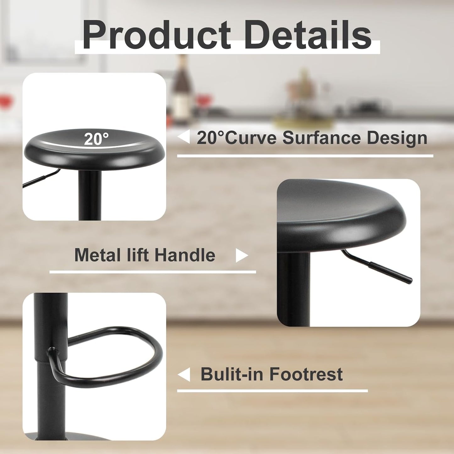 Bar Stools - 2 Pack, Adjustable Swivel Height Counter Bar Stool, Modern Metal Barstools, Backless Barstool for Bar, Kitchen Island, Pub, Black