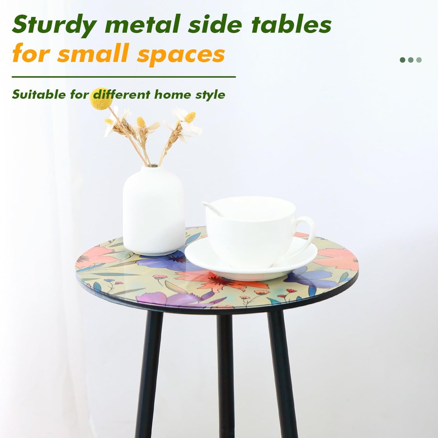 2 Packs Metal Floral Round Side Table 13.2" Small Outdoor Patio Round Accent Coffee Tables Indoor Corner Stand for Small Spaces Weather-Resistant for Balcony Plant Stand