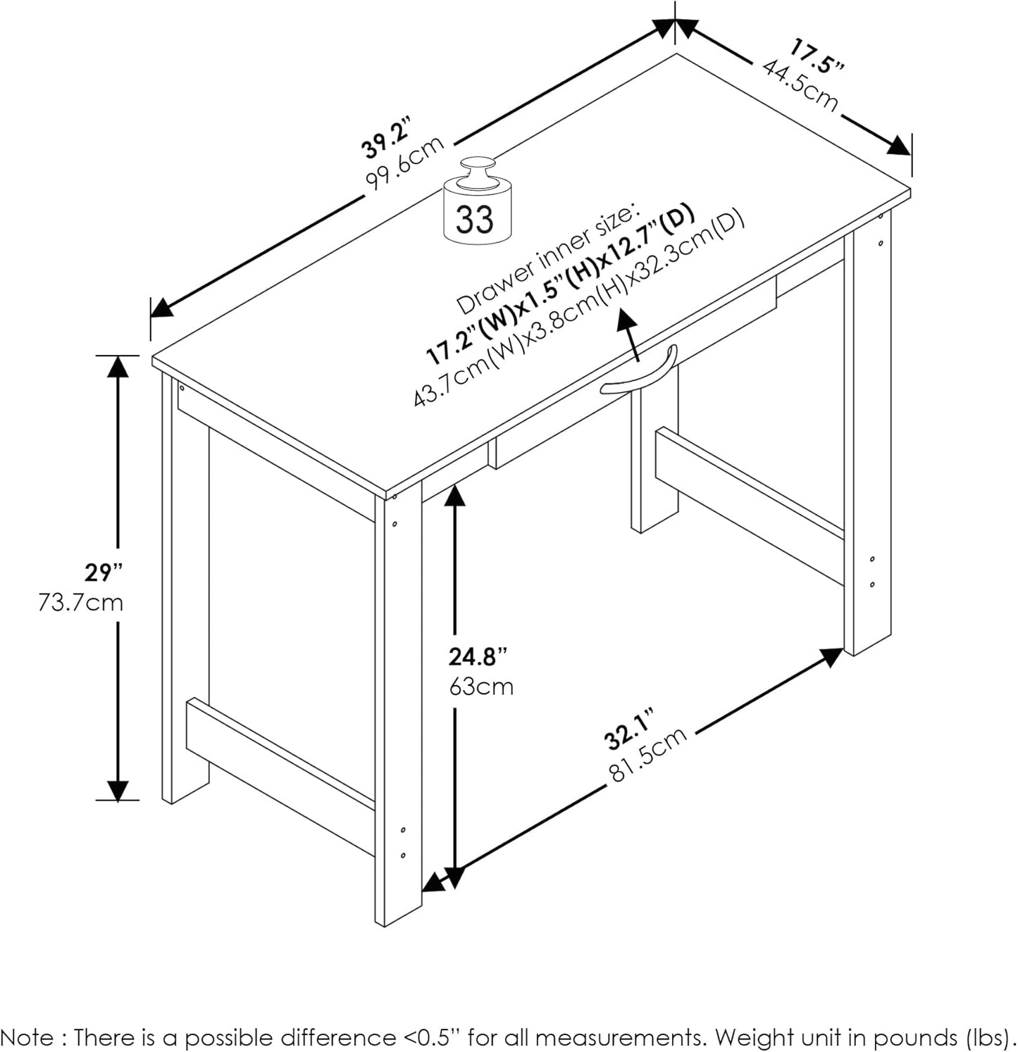 FURINNO Jaya Writing Desk For Residential Use With DrawerBlack, Blackwood, Large