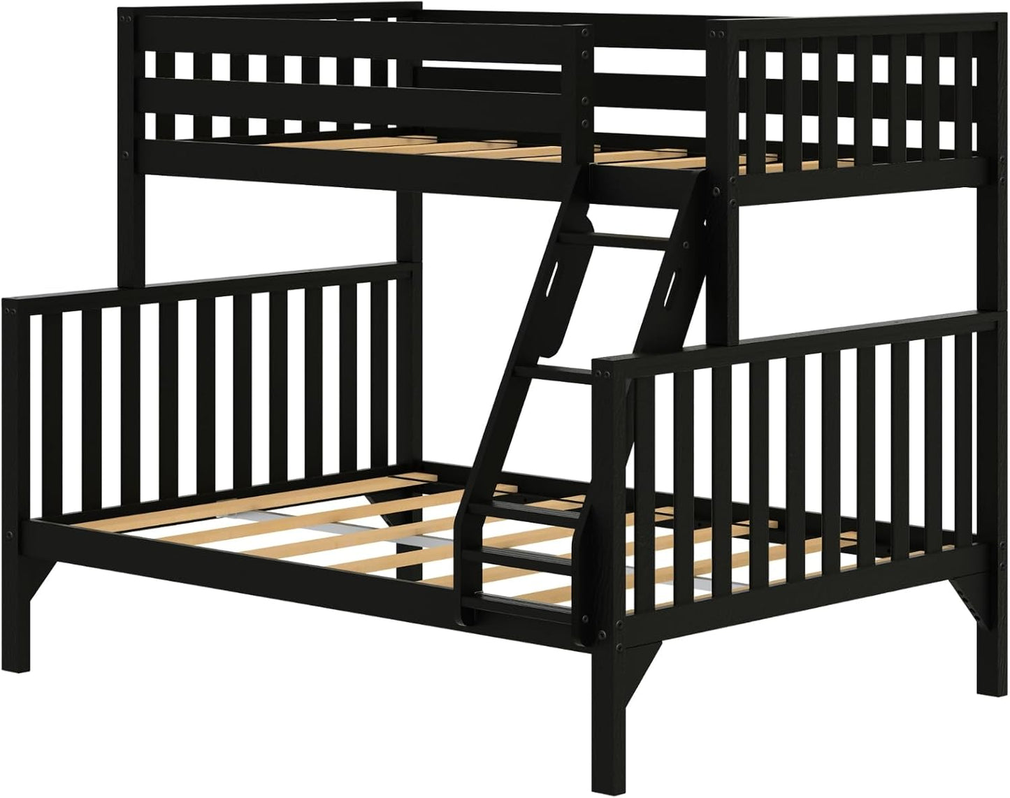 Max & Lily Bunk Bed, Scandinavian Modern Bunk Bed, Solid Wood Twin Over Full Bed Frame for Kids, No Box Spring Needed, Black