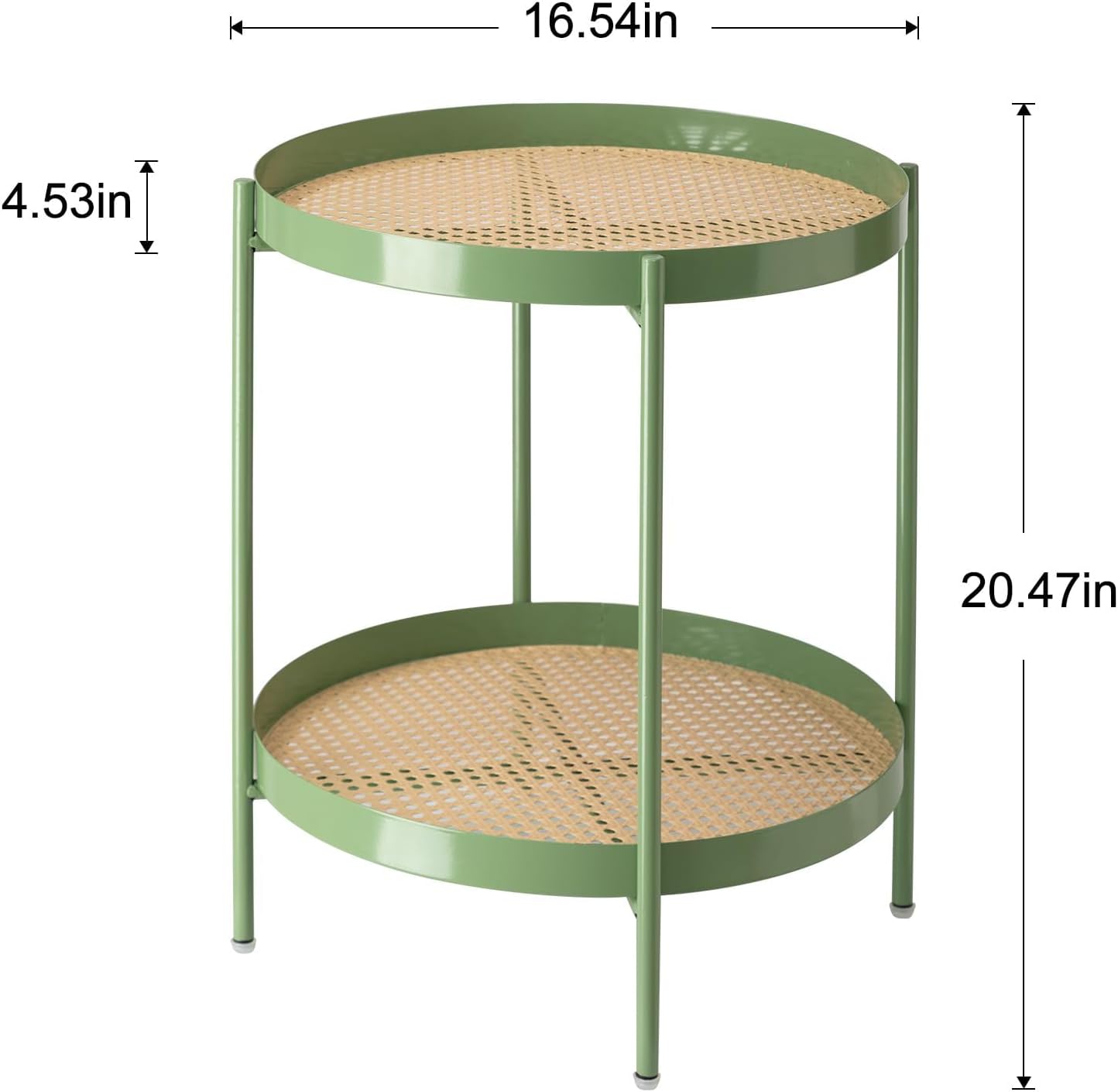 TeoKJ All Metal Side Table, 2 Tier Anti Rust End Table with Imitation Rattan Pattern on Removable Trays, Round Table for Living Room, Small Nightstand for Bedroom 20.47 Inch x 16.54 Inch Green