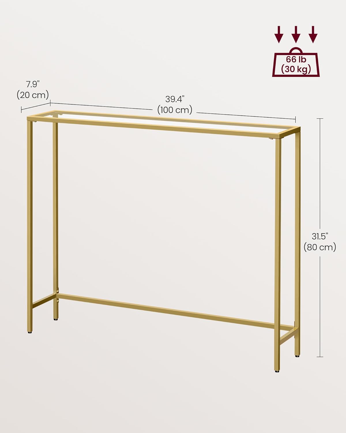 VASAGLE Entryway Table, Console Table, Tempered Glass Tabletop, Modern Sofa Table, Easy Assembly, with Adjustable Feet, for Living Room, Entryway, Pale Gold and Transparent ULGT132A01