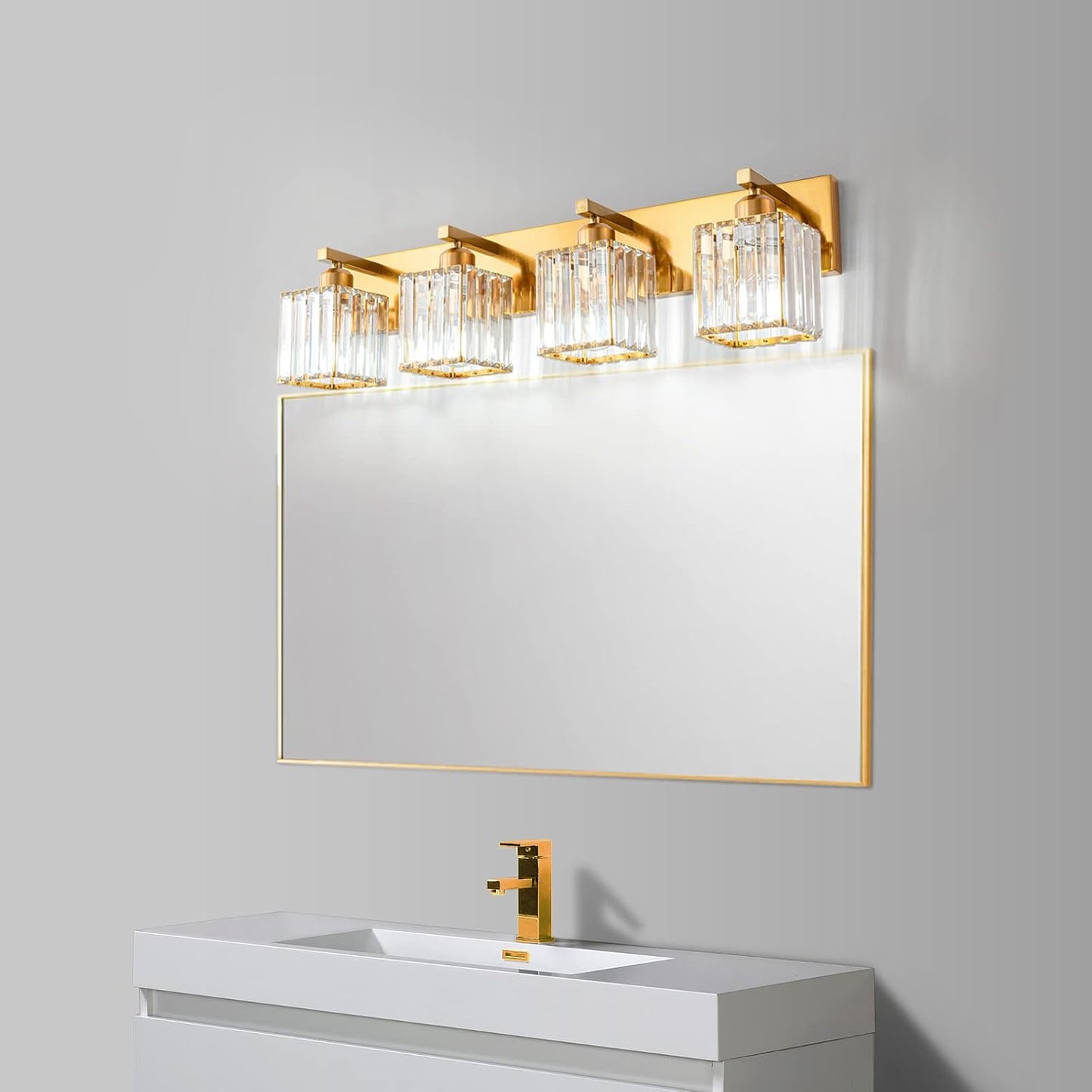 Modern Vanity Light 4-Lights Modern Gold Brushed Brass Finish Crystal Wall Light Bathroom Vanity Light Fixtures