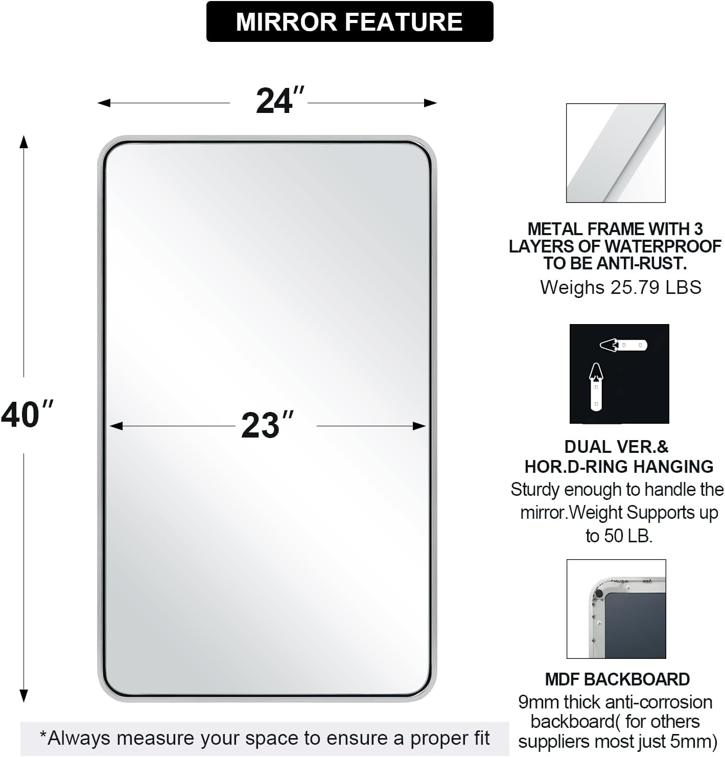 ANDY STAR Chrome Mirrors for Bathroom, 24x40’’ Chrome Rounded Rectangle Mirror Stainless Steel Metal Tube Framed (Anti-Rust), Wall-Mounted Horizontal/Vertical