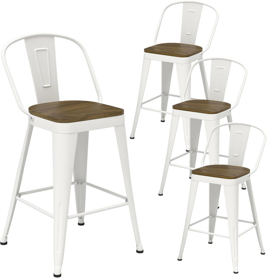 Metal Bar Stools Set of 4, High Back Bar Stools with Wooden Seat, 30 inch White Barstools for Kitchen Island