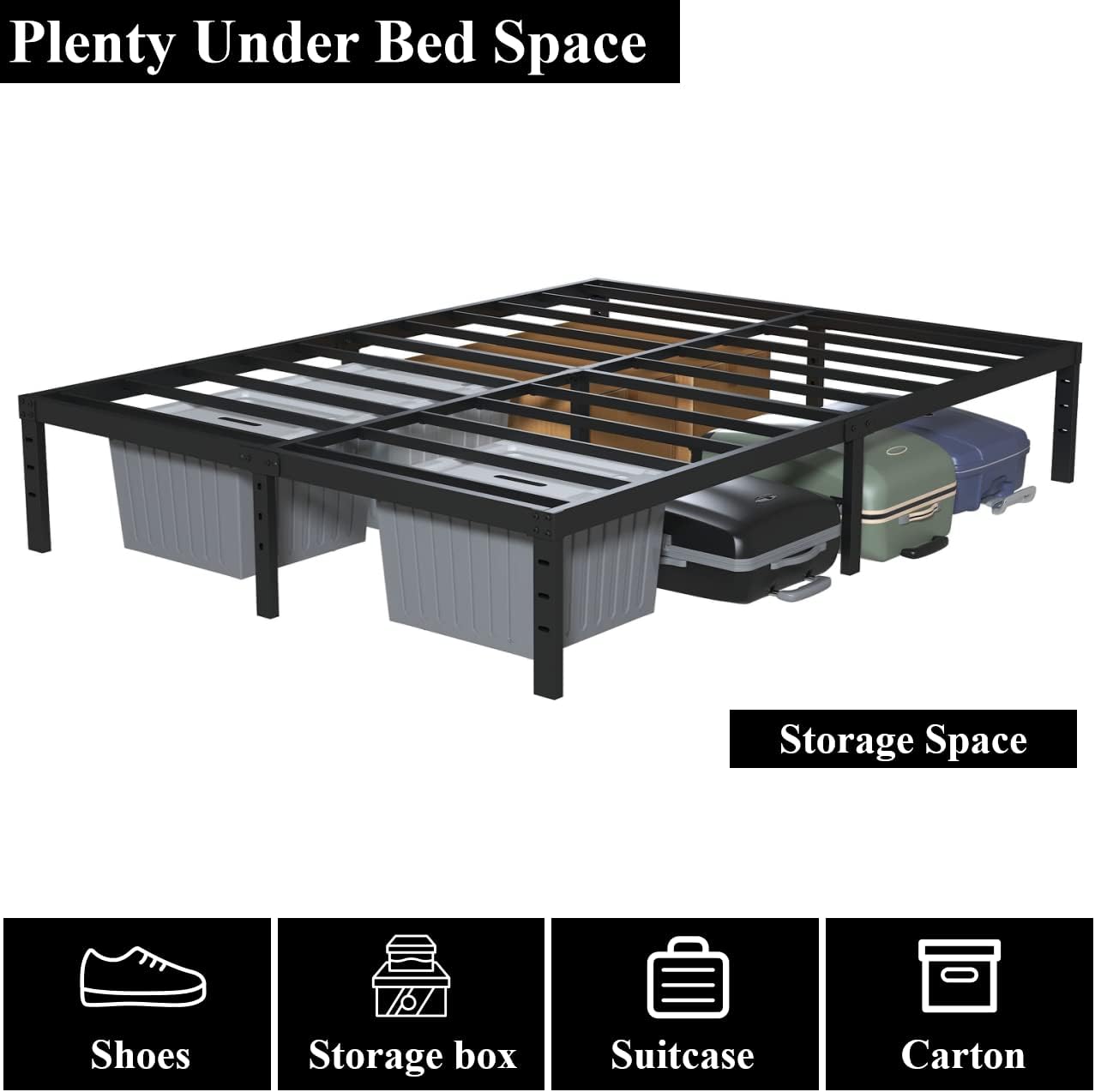 King Bed Frame No Box Spring Needed, 14 Inch Heavy Duty King Platform Bed Frame, 1200lbs Steel Slats Support, Easy Assembly, Black