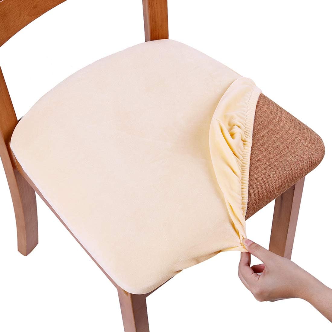 Smiry Velvet Seat Covers for Dining Room Chair Set of 2, Stretch Fit Removable Washable Chair Seat Cushion Protector Slipcovers with Ties, Cream