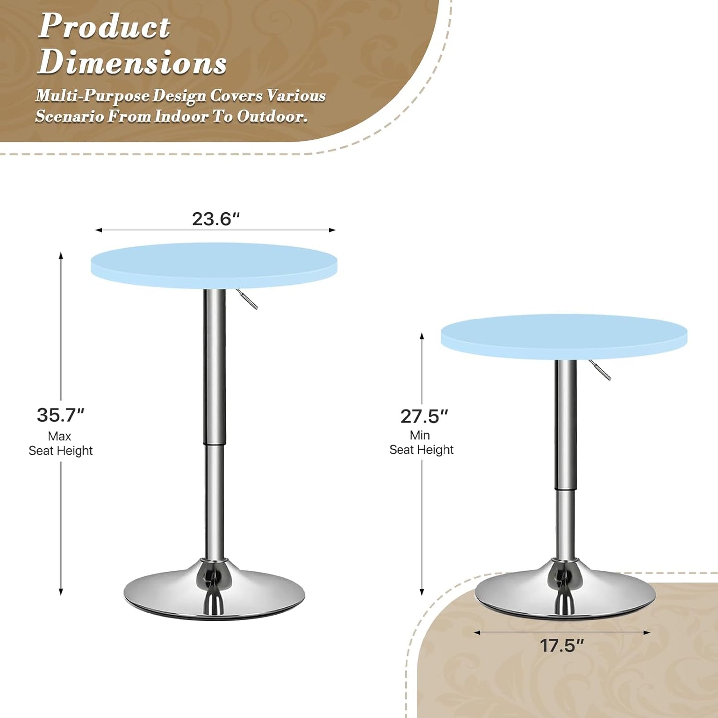 Athena Collection Bar Table with Swivel Top, Round Bistro Pub Bar Height Cocktail Table with Height Adjustable top and Metal Silver Base for Home Outdoor Party Event, Blue