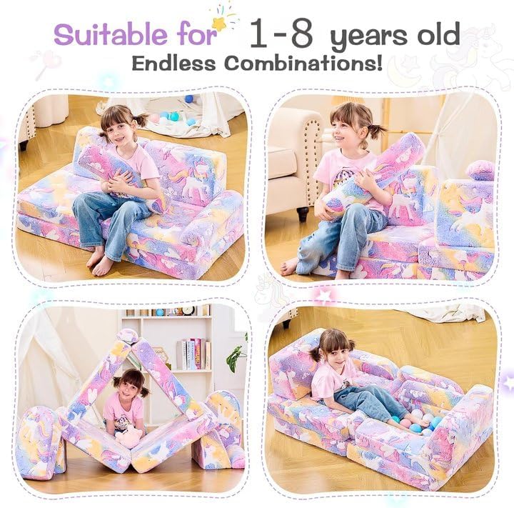 IFNOW Modular Kids Play Couch,Toddler Couch Kids Sofa,Child Sectional Sofa,Bedroom and Playroom Furniture for Toddlers,Convertible Foam and Floor Cushion for Boys and Girls,Glow in The Dark,Unicorn