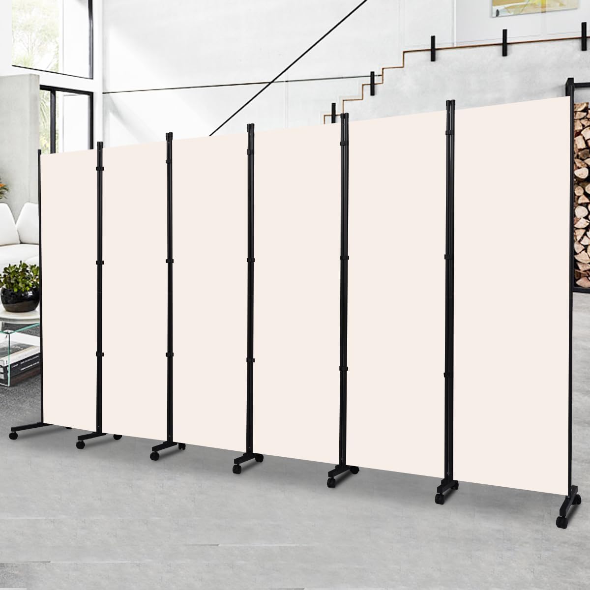 Room Divider Portable 132'' Partition Room Dividers and Folding Privacy Screens 6 Panel Wall Divider for Room Separation, Freestanding Fabric Room Divider Panel with Wheels for Home Office Hospital