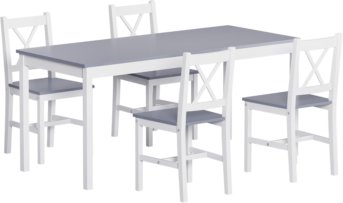 soges 5 Pieces Dining Table Set with 4 Chairs, 47.2 inch Kitchen Pine Wood Table for 4, Rectangular Dining Table Furniture Set for Kitchen, Dining Room, Dinette, White & Grey