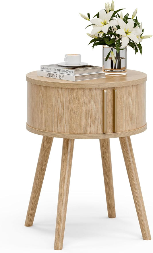 Side Table with Sliding Door & Cabinet, End Table for Living Room, Night Stand for Bedroom, Modern Bedside Table with Solid Wood Legs, Natural