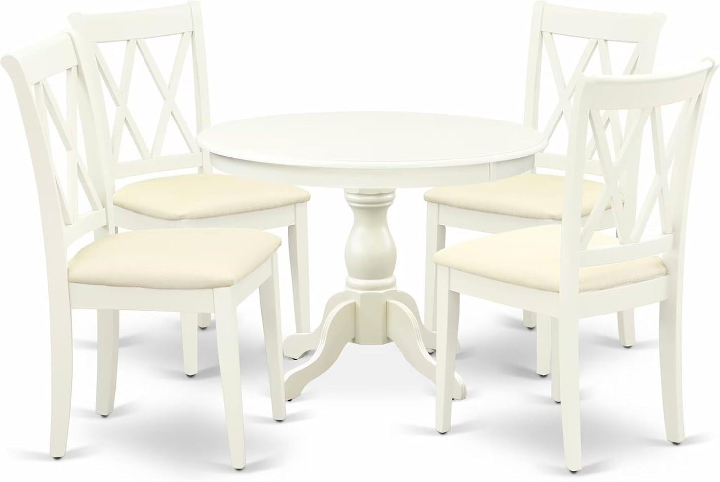 East West Furniture HBCL5-LWH-C 5 Piece Dining Table Set for 4 Includes a Round Kitchen Table with Pedestal and 4 Linen Fabric Dining Room Chairs, 42x42 Inch, Linen White