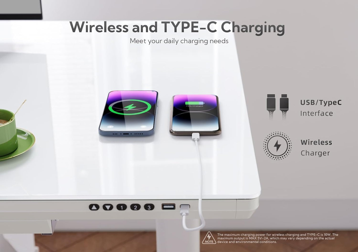 INNOVAR Wireless Charging Standing Desk with Drawers, Adjustable Height Electric Desk, 48 inch, Super White