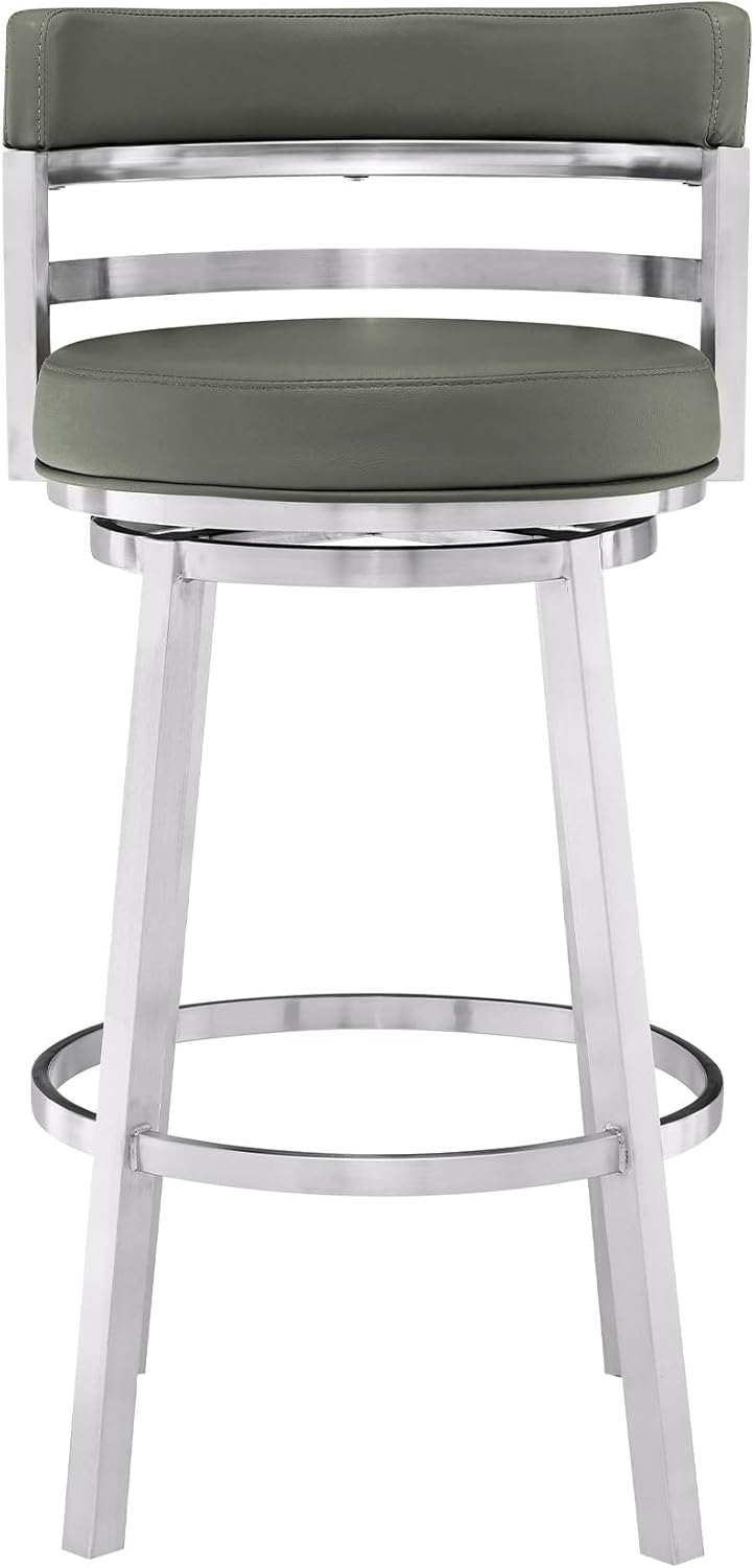 Armen Living Madrid 30" Bar Height Swivel Modern Grey Faux Leather and Brushed Stainless Steel Bar Stool for Kitchen Island Counter
