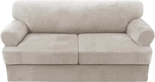 H.VERSAILTEX Sofa Cover 3 Piece T Cushion Sofa Slipcovers Thick Velvet Couch Cover Stretch T Cushion Sofa Covers for 2 Cushion Couch with 2 Individual T Cushion Covers Washable, Oatmeal