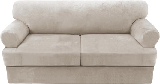 H.VERSAILTEX Sofa Cover 3 Piece T Cushion Loveseat Slipcovers Thick Velvet Couch Cover Stretch T Cushion Sofa Covers for 2 Cushion Couch with 2 Individual T Cushion Covers Washable, Oatmeal