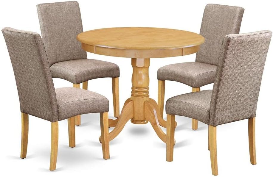 East West Furniture ANDR5-OAK-16 5 Piece Dining Set Includes a Round Kitchen Table with Pedestal and 4 Dark Khaki Linen Fabric Upholstered Parson Chairs, 36x36 Inch, Oak