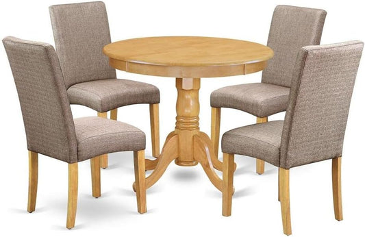 East West Furniture ANDR5-OAK-16 5 Piece Dining Set Includes a Round Kitchen Table with Pedestal and 4 Dark Khaki Linen Fabric Upholstered Parson Chairs, 36x36 Inch, Oak